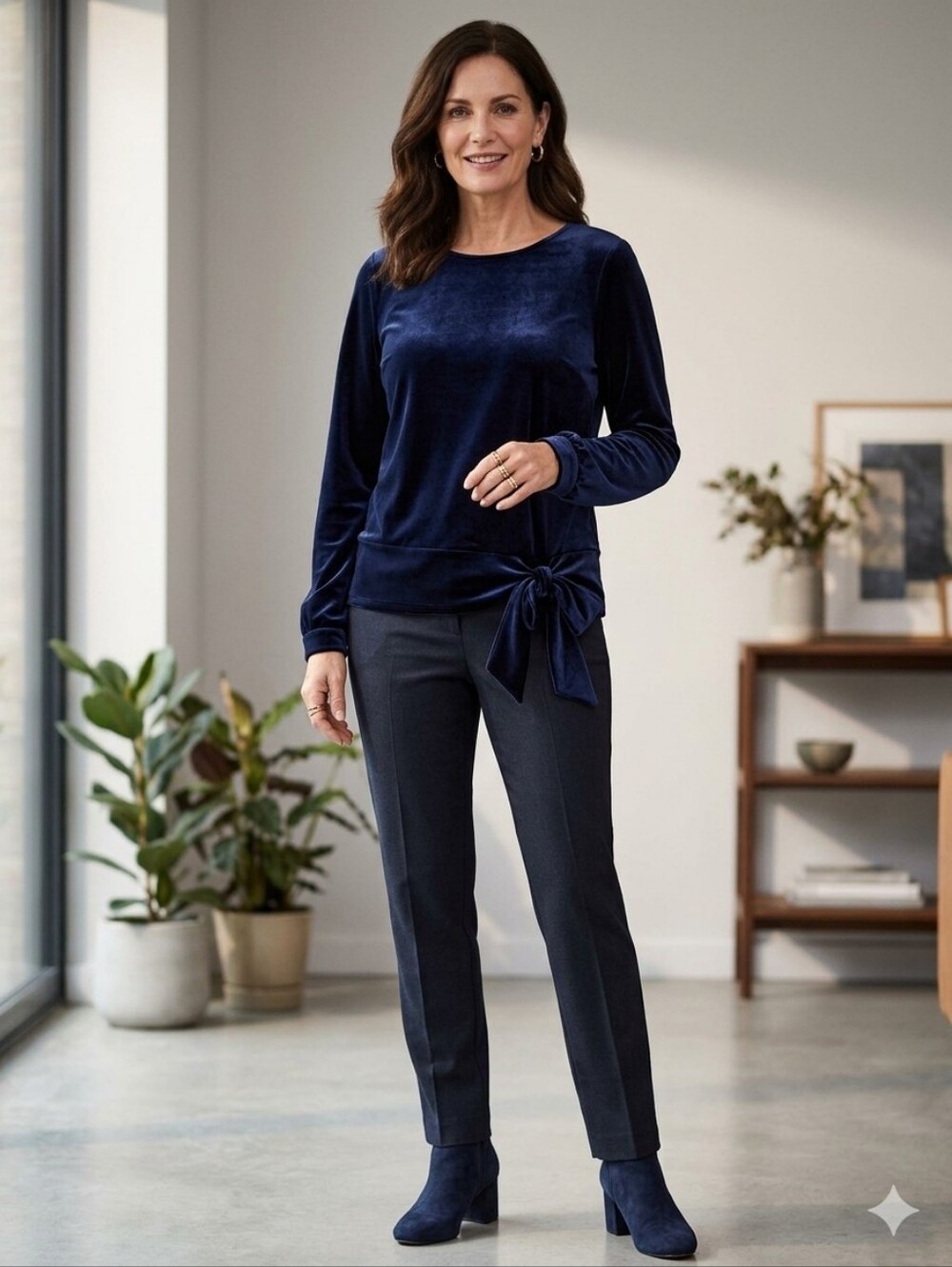 Moulinette Soeurs Velvet Tie-Hem Long Sleeve Top - Dark Blue